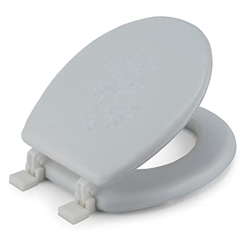 J&V Textiles Embroidered Soft Round Toilet Seat With Easy Clean & Change Hinge, Padded (White) - color: White