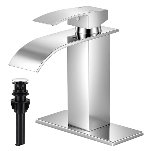 Chrome Bathroom Faucets, Waterfall Bathroom Sink Faucet | Single Handle, Stainless Steel, Vanity Faucet with Deck Plate, Pop-up Drain, For 1 or 3 Hole, RV, Farmhouse - color: A-Chrome