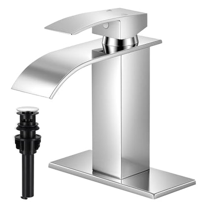 Chrome Bathroom Faucets, Waterfall Bathroom Sink Faucet | Single Handle, Stainless Steel, Vanity Faucet with Deck Plate, Pop-up Drain, For 1 or 3 Hole, RV, Farmhouse - color: A-Chrome