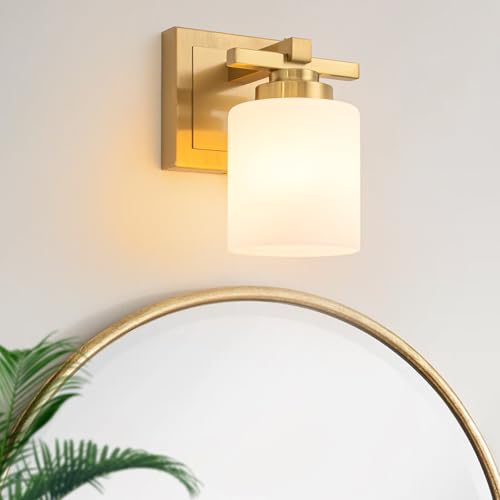 Modern Bathroom Light Fixtures Over Mirror, Vanity Lights for Bathroom Wall Sconces with Milky White Glass Shades, E26 Socket (Bulbs Not Included), 1 Light, Brass - color: Brass - Milky White Glass Shades, size: 1-Light