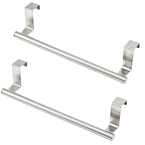 Over Cabinet Towel Holder 2PK Stainless Steel Door Mount Bar | No Drill Hanger for Kitchen Cabinet & Pantry Organization