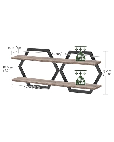 Hexagon Floating Shelves for Wall, Set of 2, 2 -Tier Hanging Shelves, Wall Mounted Storage Shelves, for Living Room, Bedroom, Kitchen, Home Office, Study, Greige TBJ06P2BG - color: Greige + Black