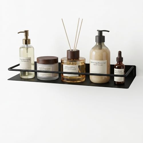 RFOUO 20 Inch Small Metal Wall Shelf with Guard Rail,Black,1 Pack | Small Bathroom Shelf, Wall Mounted, Aluminum Floating Shelf, For Toothbrush Perfume Spice,Bathroom Bedroom Kitchen - color: Black, size: 20Inch