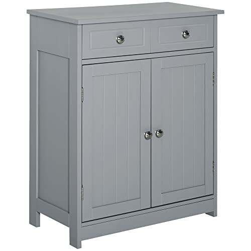 kleankin Freestanding Bathroom Floor Cabinet with 2 Doors 2 Drawers Gray | Wooden Bathroom Cabinet, Adjustable Shelf - color: Grey
