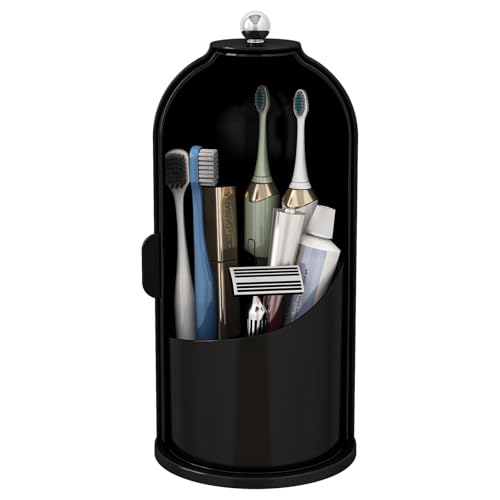 Toothbrush and Toothpaste Holders with Cover, Solid Black | Waterproof and Dustproof, 360° Rotating Base, Smooth Sliding Door, 3 Slots, for Bathroom Countertop - color: Solid Black