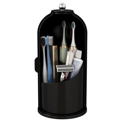 Toothbrush and Toothpaste Holders with Cover, Solid Black | Waterproof and Dustproof, 360° Rotating Base, Smooth Sliding Door, 3 Slots, for Bathroom Countertop - color: Solid Black