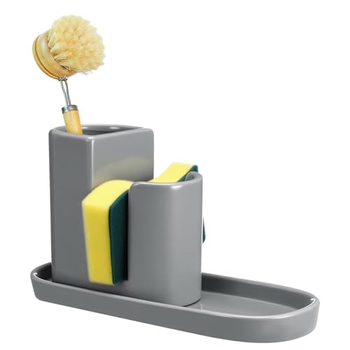 3 in 1 Ceramic Kitchen Sink Caddy Dish Sponge Holder Scrub Brush Holder and Soap Tray for Kitchen Organizer Rustic Farmhouse Supplies (Gray) - color: Gray