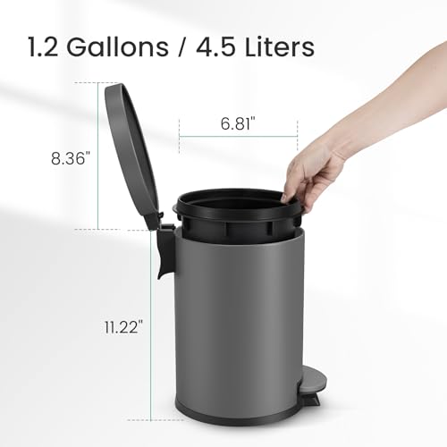 Cesun Small Round Bathroom Trash Can with Lid Soft Close, 1.2 Gal, Gray | Removable Inner Bucket, Stainless Steel Garbage Can for Bedroom/Office, Hands-Free Step Pedal, Fingerprint-Resistant - color: Gray