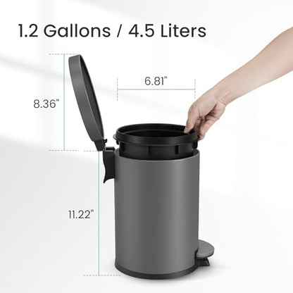 Cesun Small Round Bathroom Trash Can with Lid Soft Close, 1.2 Gal, Gray | Removable Inner Bucket, Stainless Steel Garbage Can for Bedroom/Office, Hands-Free Step Pedal, Fingerprint-Resistant - color: Gray
