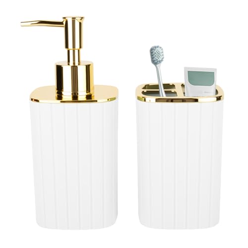 RRM 2PCS Bathroom Accessories Set, Soap Dispenser and Toothbrush Holder | White and Gold Bathroom Accessories Set for Bathroom Countertop Storage and Housewarming Gifts - color: White, size: 2Pcs