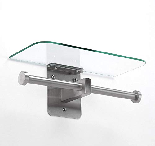 JackCubeDesign Double Toilet Paper Holder with Glass Shelf, Wall Mount Stainless Steel Dual Tissue Dispenser Holders for Bathroom (Glass Type2) - MK428D
