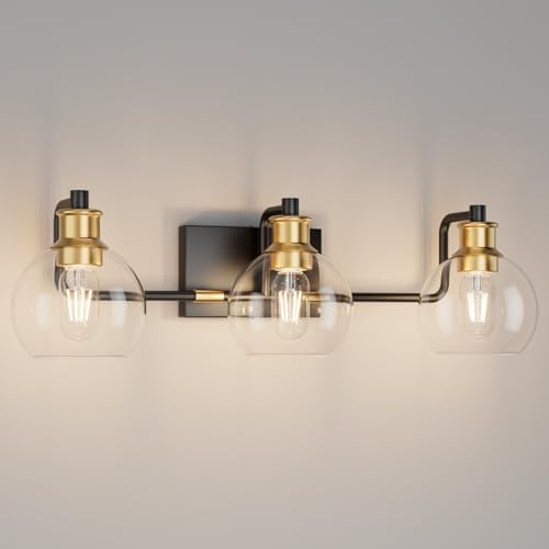 Tipace Black & Gold Vintage Bathroom Vanity Light Fixtures Over Mirror Glass Globe 3 Lights Industrial Vanity Lights Farmhouse Bath Lighting(Exclude Bulb) - color: Black&Gold, size: 3-Light