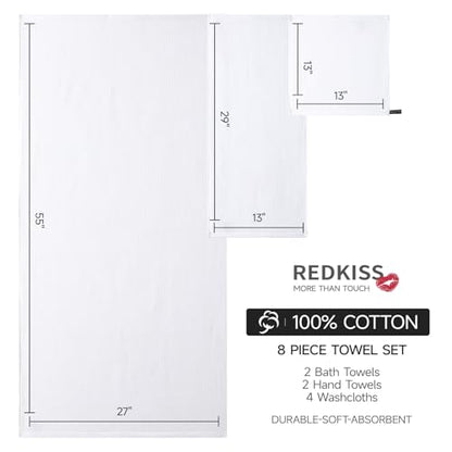 REDKISS Quick Dry Waffle Towel Set of 8, 100% Cotton,Lightweight & Highly Absorbent Waffle Towels for Bathroom, Spa, Gym, Pool-2 Bath Towels, 2 Hand Towels & 4 Washcloths,White - color: White