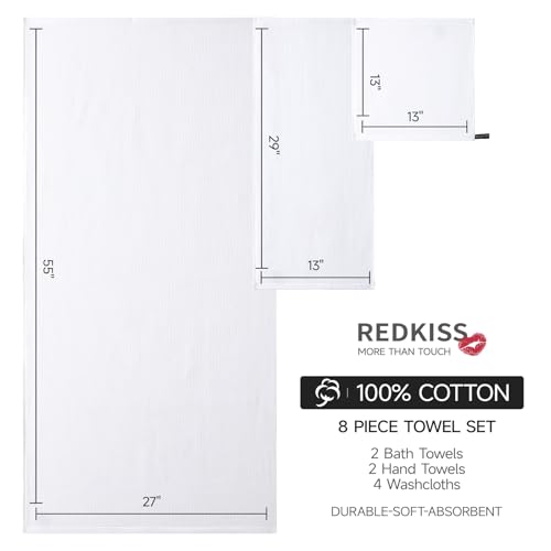 REDKISS Quick Dry Waffle Towel Set of 8, 100% Cotton,Lightweight & Highly Absorbent Waffle Towels for Bathroom, Spa, Gym, Pool-2 Bath Towels, 2 Hand Towels & 4 Washcloths,White - color: White