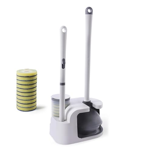 Eyliden Toilet Brush and Plunger Set, Disposable Wand Kit with 10 Refills | Pre-Soaked Concentrated Cleaner Sponge, Touch-Free, 2-in-1 Compact Holder, Powerful Suction Cup, Bathroom Cleaning System - color: White