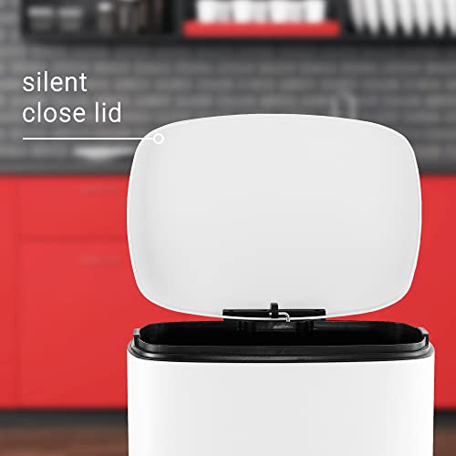 happimess Connor 2-Piece Stainless Steel Trash Can, Cotton White | 13.2 and 1.3 Gallons, Rectangular, Soft-Close Lid, Fingerprint Resistant, Step Pedal, 20 Liners, 26" and 12" Height - color: White