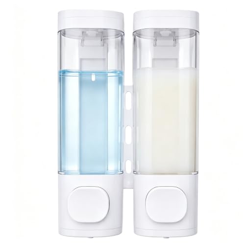 2-Chamber 10oz/300ML White Plastic Hand Wall Mounted Soap Dispensers | Refillable Shampoo Conditioner Shower Dispenser No Drill, Clear Manual Pump Dispenser for Bathroom Hotel Kitchen - color: 2-chamber White