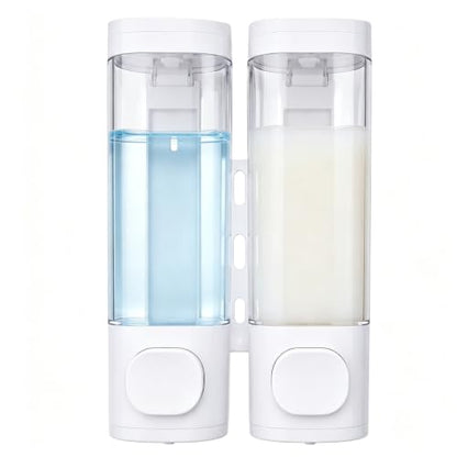 2-Chamber 10oz/300ML White Plastic Hand Wall Mounted Soap Dispensers | Refillable Shampoo Conditioner Shower Dispenser No Drill, Clear Manual Pump Dispenser for Bathroom Hotel Kitchen - color: 2-chamber White
