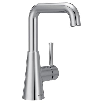 Moen Ronan Chrome Double Bend Single Hole Modern Bathroom Sink Faucet with Optional Deckplate and Spring Loaded Drain Assembly, 84024 - color: Chrome, style: Single Handle