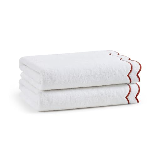 Peri Home 2 Piece Cotton Bath Towel Set, Embroidered, White, Red Scallop - color: White With Chili Red Scallop, size: 2 Bath Towel