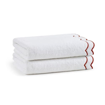 Peri Home 2 Piece Cotton Bath Towel Set, Embroidered, White, Red Scallop - color: White With Chili Red Scallop, size: 2 Bath Towel