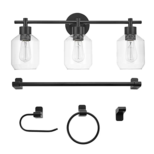 Globe Electric 65556 All-in-One 5-Piece Bathroom Set, Matte Black Finish, 3-Light Vanity with Clear Glass Shades, Towel Ring, Toilet Paper Holder, Robe Hook, and Towel Bar, Modern Bathroom Lighting - color: Matte Black, Clear Glass, 3-Light