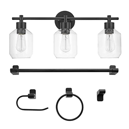 Globe Electric 65556 All-in-One 5-Piece Bathroom Set, Matte Black Finish, 3-Light Vanity with Clear Glass Shades, Towel Ring, Toilet Paper Holder, Robe Hook, and Towel Bar, Modern Bathroom Lighting - color: Matte Black, Clear Glass, 3-Light