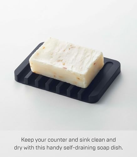 YAMAZAKI Home Flow Soap Tray - Silicone Holder Dish for Sink - Silicone | Sloped base directs water back into the sink to keep counters dry. Easy-to-clean design requires no assembly. Saves space.