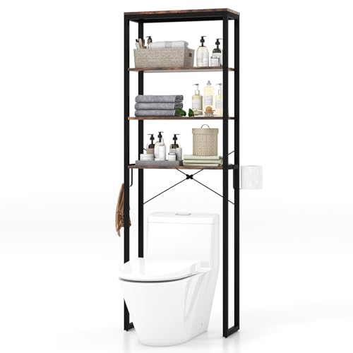 LOKO Bathroom Over The Toilet Storage Rack, 4-Tier Industrial Organizer Shelf with Toilet Paper Holder & Hook, Multifunctional Freestanding Space Saver Plant Stand for Laundry Balcony, Rustic Brown