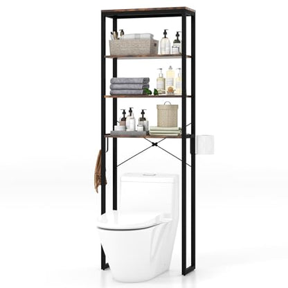LOKO Bathroom Over The Toilet Storage Rack, 4-Tier Industrial Organizer Shelf with Toilet Paper Holder & Hook, Multifunctional Freestanding Space Saver Plant Stand for Laundry Balcony, Rustic Brown