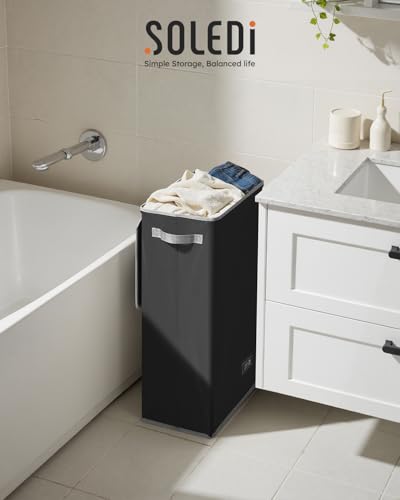 SOLEDI Slim Laundry Hamper with Lid, Narrow Laundry Basket with Removable Bags, Dirty Clothes Hamper with handle, Small Hamper perfect for Laundry room, Bathroom, Bedroom, Small spaces. 70L Black - color: Black, size: 70L