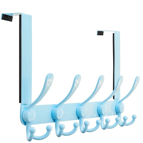 Over Door Hook 2.0 - Upgraded Version - Simple-Assembly, Strong, Heavy-Duty Stainless Steel 5-Tri-Hook Over The Door Hanger Rack, SimpleStrong Series, Blue - color: Blue