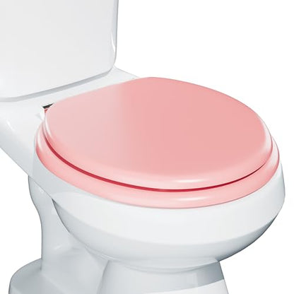 Round Slow Close Wood Toilet Seat, Heavy Duty Pink Toilet Seat with Baked Enamel Finish, Support 400 lbs, Soft Close Toilet Lid with Zinc Alloy Hinges, Grip-Tight Bumpers, Easy Clean & Quick Assembly - color: Pink, size: Round Slow Close