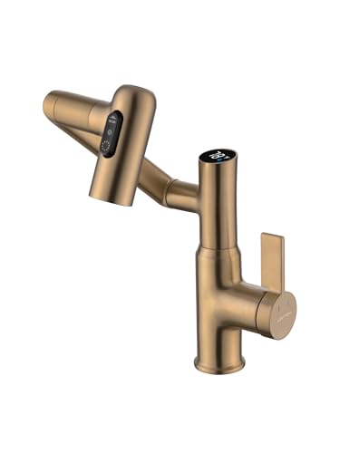Rotatable Bathroom Faucet with Temperature Display in Fahrenheit (Batteries-Free), 3 Water Outlet Modes, Brushed Copper - color: Brushed Copper