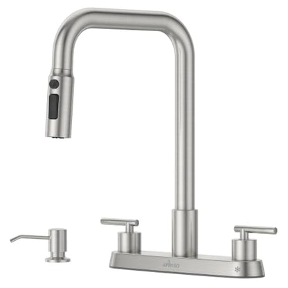 APPASO 4 Hole Kitchen Faucet Brushed Nickel for 3 or 4 Hole Standard Sinks | 2 Handle Kitchen Faucets with 3-Mode Pull Down Sprayer and Soap Dispenser, Square Spout Dual Handle Faucet Stainless Steel - color: 2-Brushed Nickel