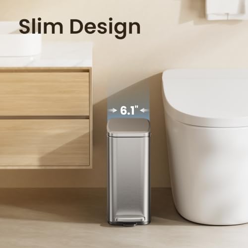 Cesun Slim Bathroom Trash Can with Lid, Soft Close, Silver, 6L/1.6 Gallon | Hidden Trash Bag Design, Small, Stainless Steel, Removable Inner Bucket, Foot Pedal, Odor Control, for RV/Office/Bedroom - color: Silver