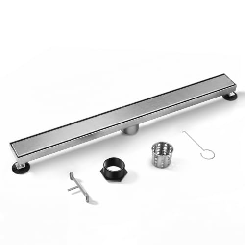 Linear Shower Drain 54inch，Silver 304 Stainless Steel Tile Insert Cover & Adjustable Leveling Feet Shower Floor Drain with Hair Catcher Fits Balcony Bathroom - color: Silver, size: 54inch