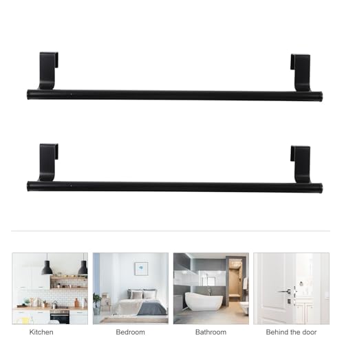 SHOWERORO 2pcs Black Stainless Steel Towel Bars No-Drill Over Door Towel Holders 36cm Large Bathroom and Kitchen Wall-Mounted Storage Racks