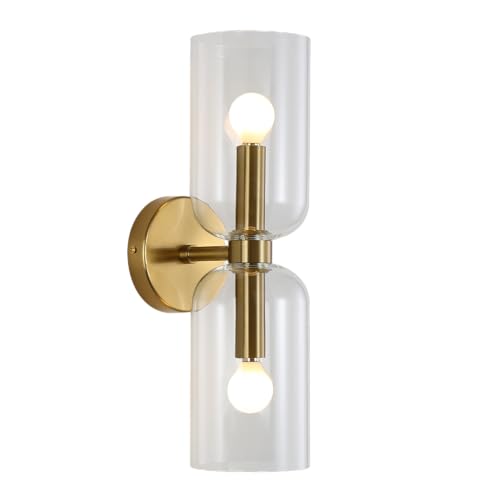 EFINEHOME Minimalist 2-Light Gold Wall Sconces with Cylinder Glass Shades- Mid Century Vanity Wall Double Lights Hardwired- Modern Indoor Glass Wall Mounted Art Decor Lights (Clear, 1 Pack) - color: Clear