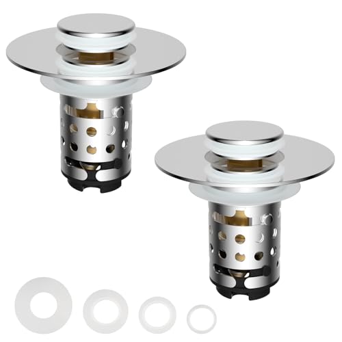 2PCS Universal Bathroom Sink Drain Strainer Hair Catcher, Chrome | Upgraded with 2-Layer Detachable Filter Basket, 4 in 1 Pop Up Drain Strainer, Anti-Clog, Fit for 1.1''~2.36'' Sinks - color: Chrome