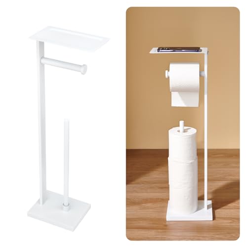 Freestanding Toilet Paper Holder for Bathroom–Stainless Steel Square Tissue Dispenser with Storage Tray & Roll Organizer (White) - color: White