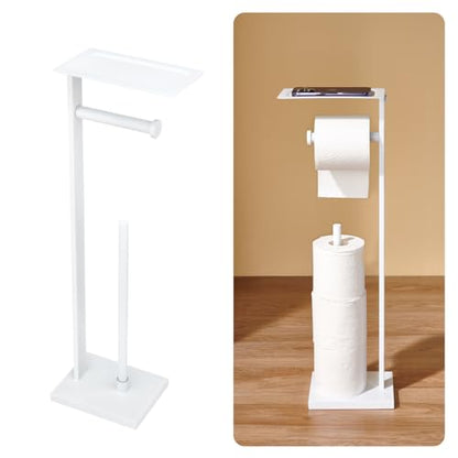 Freestanding Toilet Paper Holder for Bathroom–Stainless Steel Square Tissue Dispenser with Storage Tray & Roll Organizer (White) - color: White