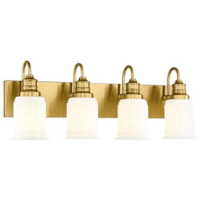 Bathroom Light Fixtures 4-Lights, HWH Brushed Gold Vanity Light Modern Bathroom Vanity Lights Over Mirror, 26'' Antique Brass Vanity Light with Frosted White Bell-Shaped Fluted Glass, 5HZG106B-4W BG - color: Brushed Gold, size: 4-Light