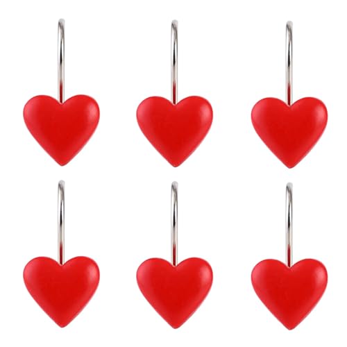 Twofish Home Red Heart Shower Curtain Hooks Anti Rust Shower Curtain Hooks Decorative Resin Red Heart Shower Curtain Rings Set of 12 - color: Red Heart