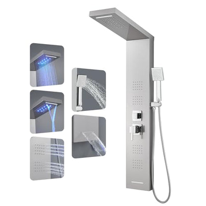 ROVOGO LED Shower Panel Tower System with Lights, 5 Shower Modes, 46.5 Inch | Rainfall Waterfall Shower Head, 4 Body Jets, Handheld and Tub Spout, Stainless Steel Shower Column with Brass Valves, Brushed - color: Brushed-4 jets