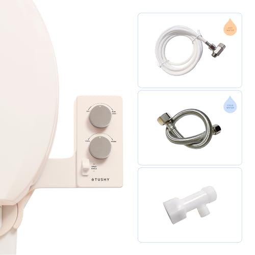 TUSHY Spa 3.0 Cool to Warm Water Bidet Attachment, Biscuit/Brushed Nickel | Universal Fit, Easy Install, Self-Cleaning, Adjustable Pressure and Angle Control, Sink Access Required Within 6 Feet - color: Biscuit/Brushed Nickel, style: Warm Water Optional