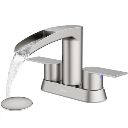 Bathroom Sink Faucet for 3 Hole, Hurran 4 Inch Bathroom Faucets with Pop-up Drain, Stainless Steel 2-Handle Waterfall Faucet for Sink, Brushed Nickel - color: Brushed Nickel
