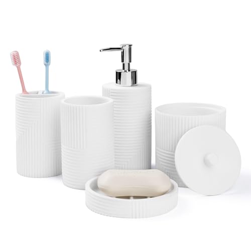 5 Pack Bathroom Accessories Set, White Resin Bathroom Set | Resin Soap Dispenser and Toothbrush Holder Set, Tumbler & Soap Dish, Cotton Swab Jars, Modern Bathroom Decor Sink Sets