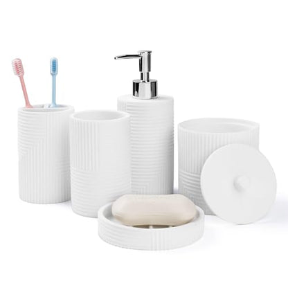 5 Pack Bathroom Accessories Set, White Resin Bathroom Set | Resin Soap Dispenser and Toothbrush Holder Set, Tumbler & Soap Dish, Cotton Swab Jars, Modern Bathroom Decor Sink Sets