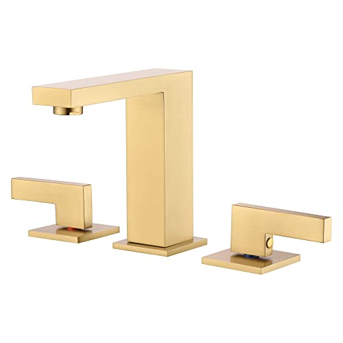 sumerain Brushed Gold 8 Inch Widespread Bathroom Faucet 2 Handle Lavatory Faucet Solid Brass, with Quick Connect Hose - color: Brushed Gold